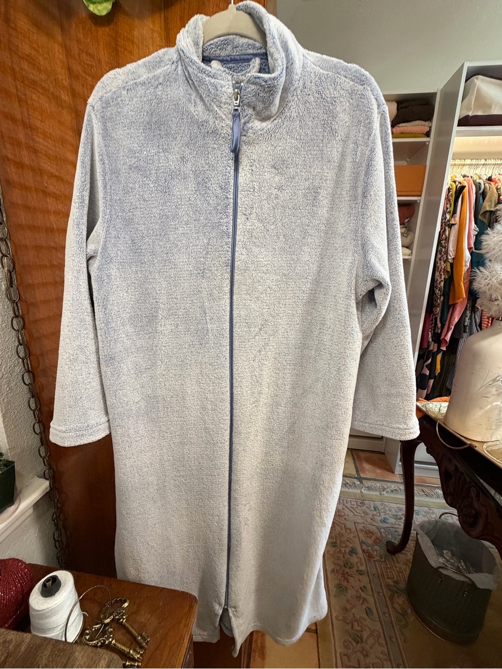 Oscar de la Renta L/XL Blue Plush Full Zip Long Robe Fleece Lounge